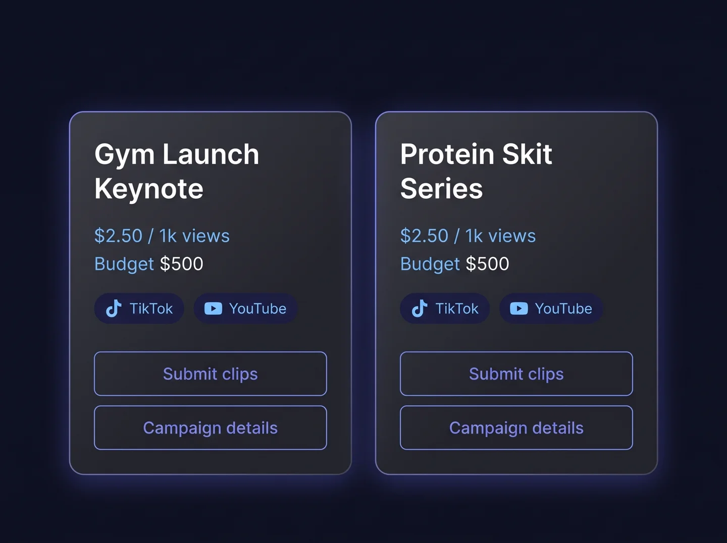 Campaign cards with pay-per-view rates in dark mode