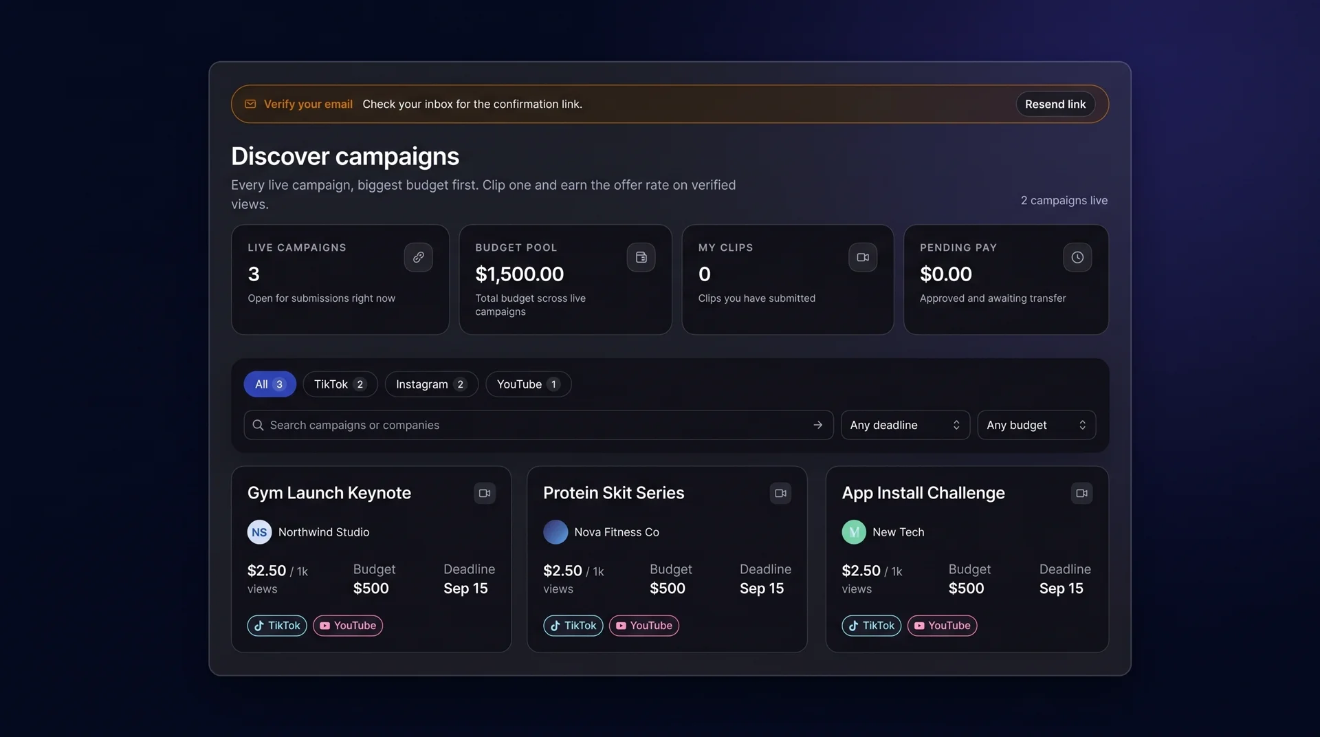 ClipToScale campaign discovery dashboard in dark mode