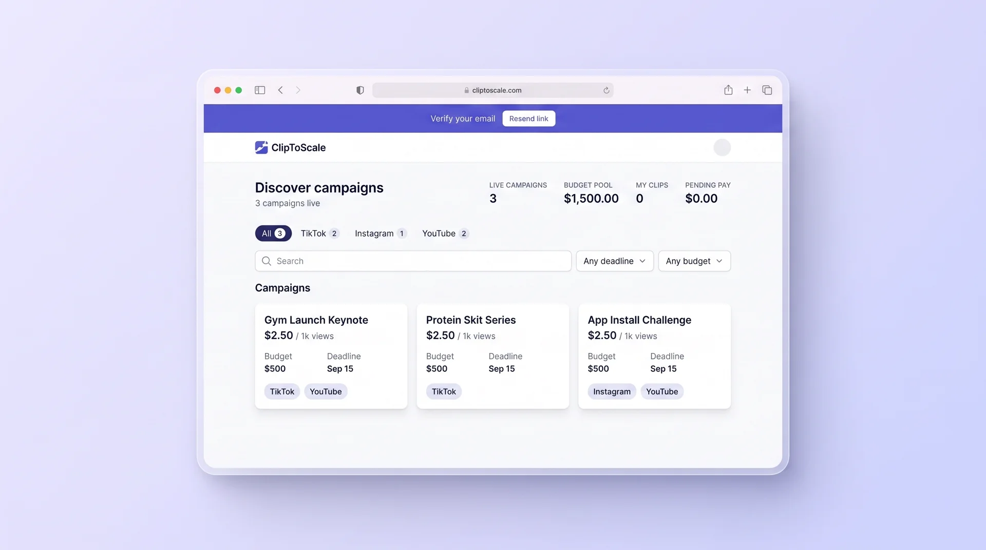 ClipToScale campaign discovery dashboard